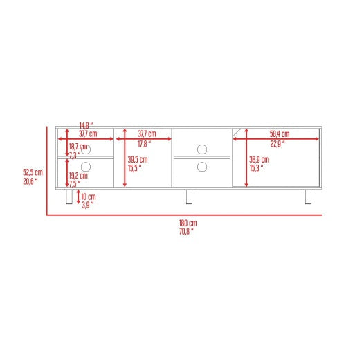 Tv Stand For Modern Home, Four Open Shelves, Five Legs, Light Oak