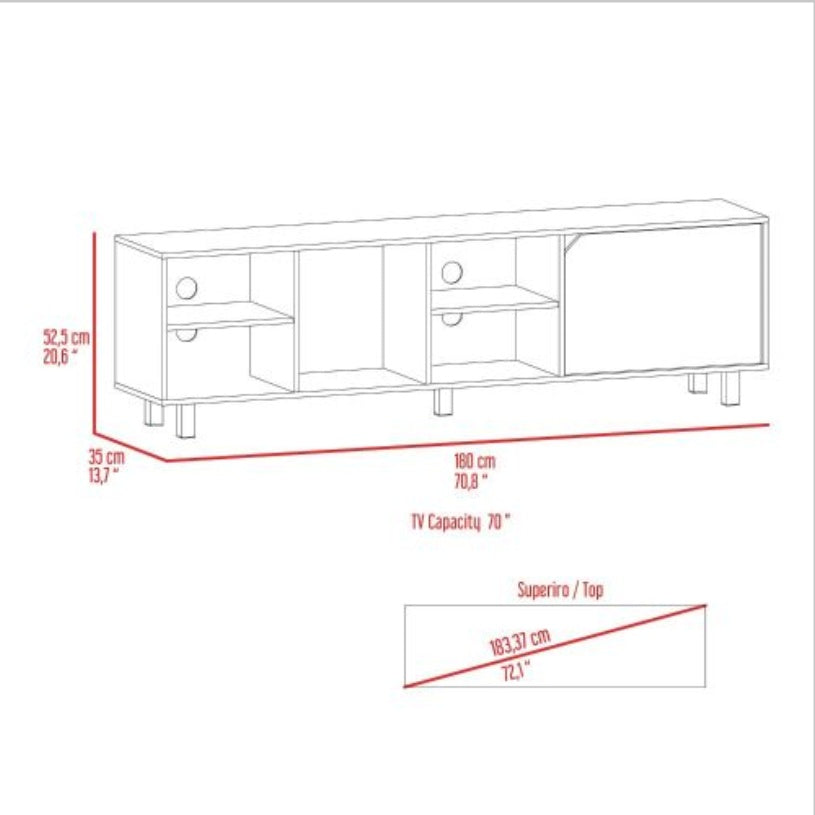 Tv Stand For Modern Home, Four Open Shelves, Five Legs, Light Oak