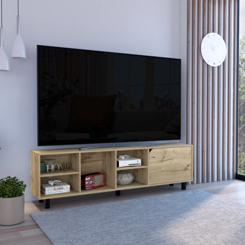 Tv Stand For Modern Home, Four Open Shelves, Five Legs, Light Oak