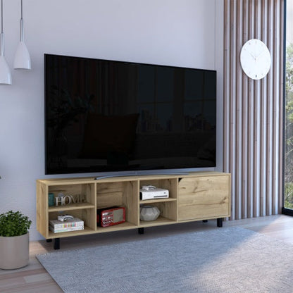 Tv Stand For Modern Home, Four Open Shelves, Five Legs, Light Oak