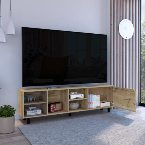 Tv Stand For Modern Home, Four Open Shelves, Five Legs, Light Oak