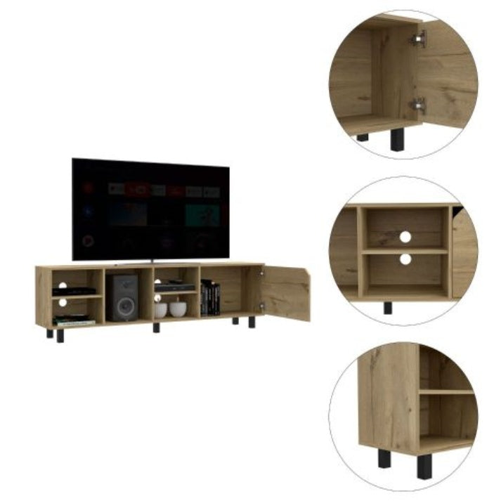 Tv Stand For Modern Home, Four Open Shelves, Five Legs, Light Oak