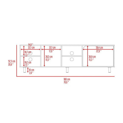 Tv Stand For Modern Home, Four Open Shelves, Five Legs, Light Oak